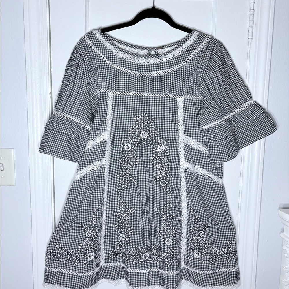 Free People Black and White Checkered Lace Mini Dress